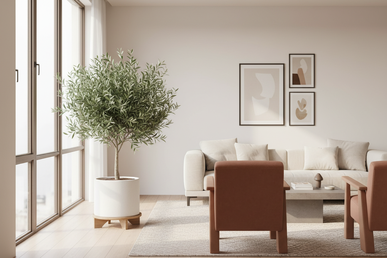 wohnzimmer mit einem kleinen olivenbaum am fenster.